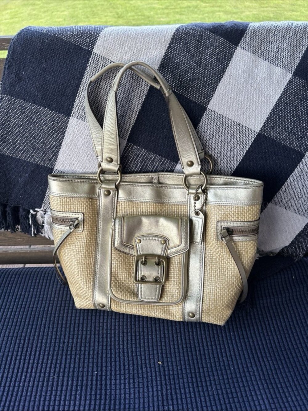 Coach Legacy Straw & Leather Satchel Tote Handbag Metallic Gold Cream M05K-113